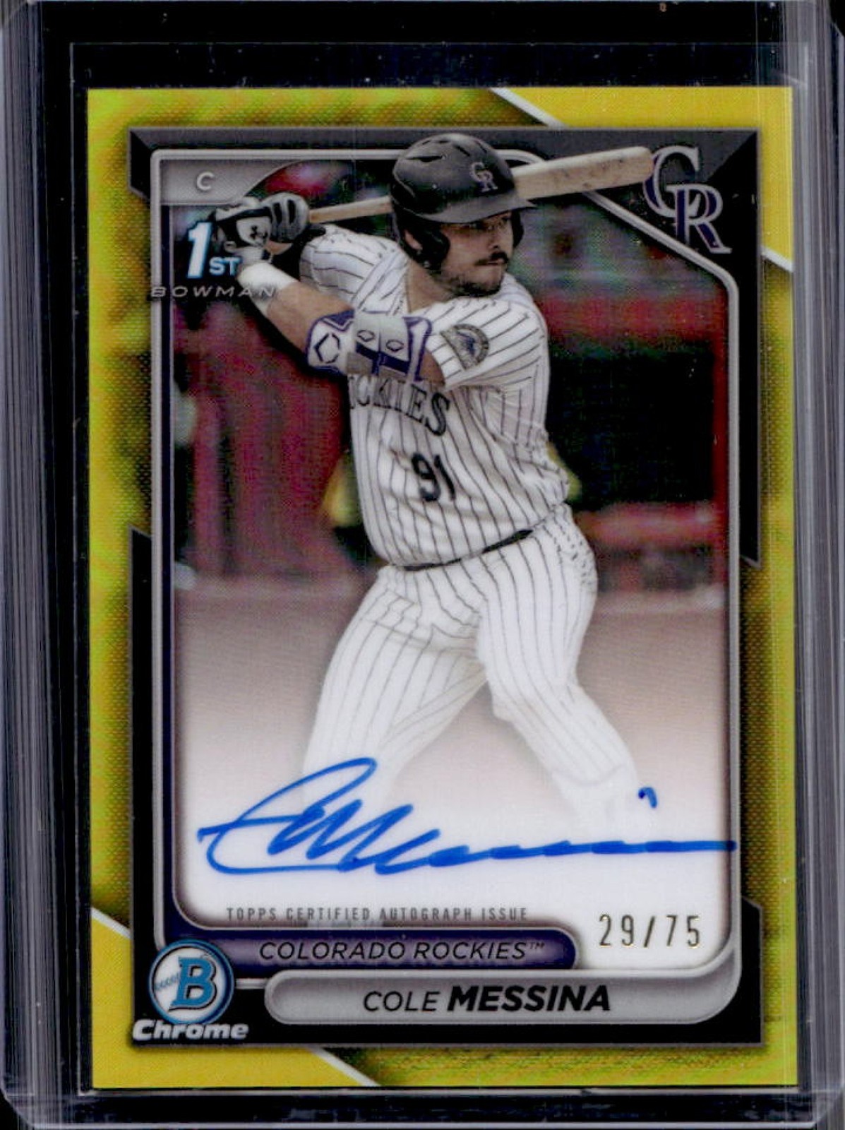 2024 Bowman Draft Cole Messina Chrome Auto Yellow Refractor 1st #/75 Rockies