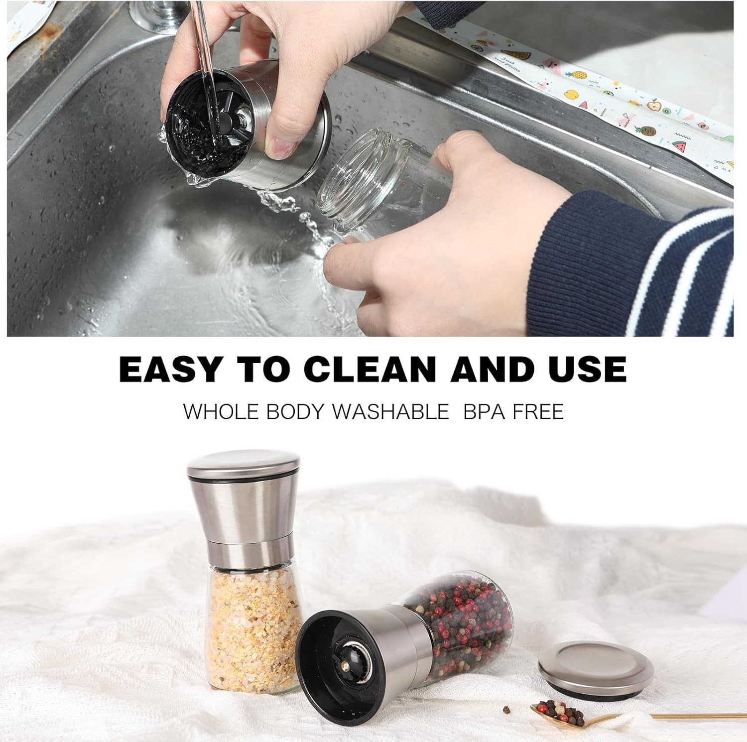 Salt and Pepper Grinder Set Refillable, Salt Pepper Grinder Shaker Stainless Ste