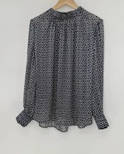 H&M Plus Size Blue & White Patterned Puff Sleeve Collared Blouse XXL Preppy Boho