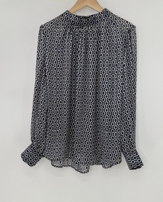 H&M Plus Size Blue & White Patterned Puff Sleeve Collared Blouse XXL Preppy Boho