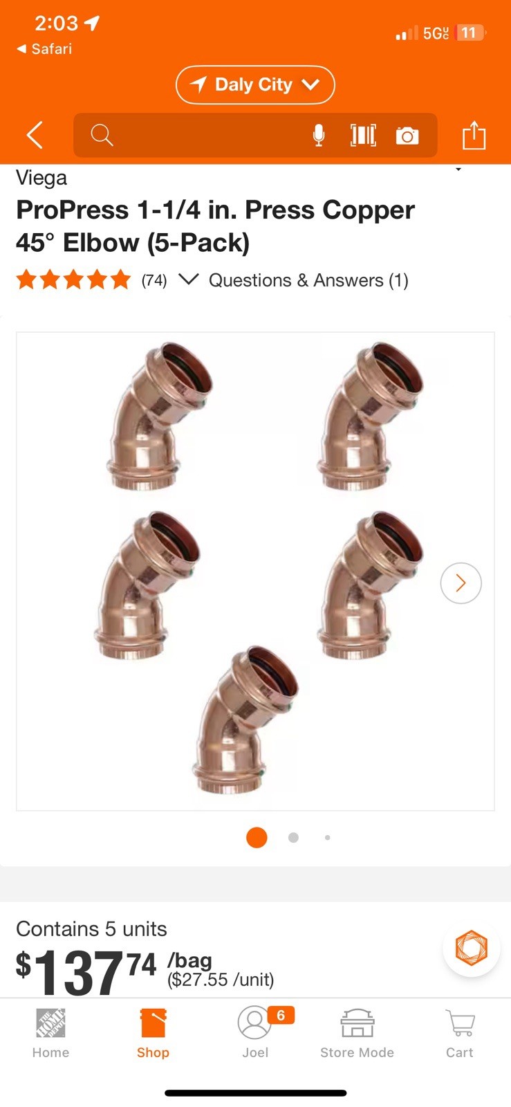 Viega ProPress 1 in. Press Copper 45 Elbow (5-Pack) 77430 Brand New In Bag