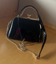 Black Patent Top Handle Mini Bag Chain Strap Rhinestone Clasp Detachable