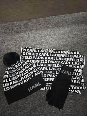 NWT Karl Lagerfeld Paris Women Black/White Scarf/Beanie/Gloves In Box,OS,$158.