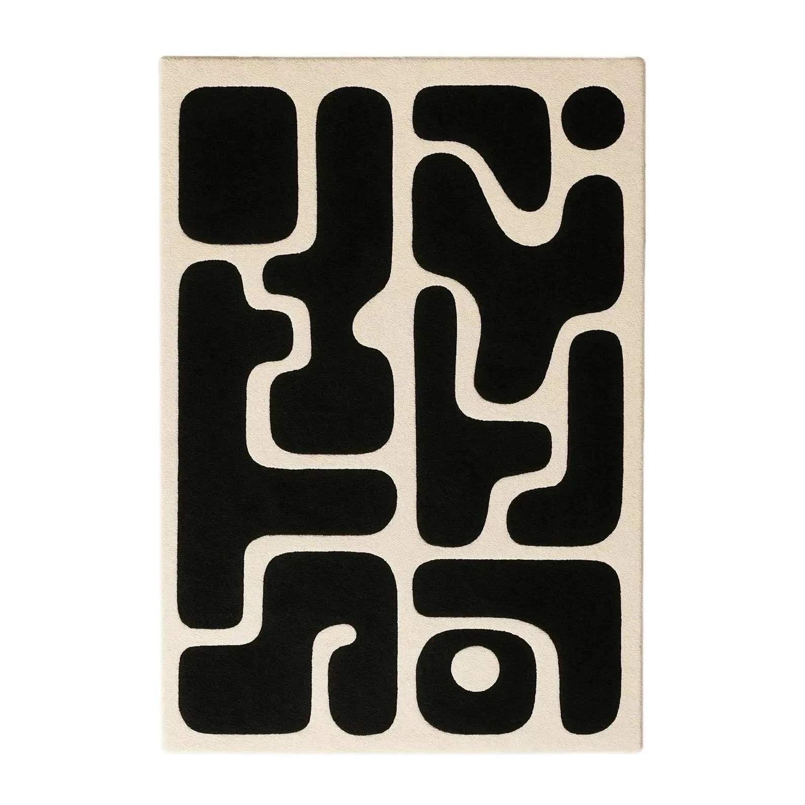 Geometric Wool Rug Hand-Tufted Abstract Design Color Black & Beige Carpet