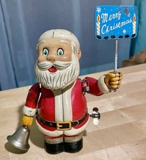 AWESOME VINTAGE 1950 TIN SANTA BELL RINGER HOLDING MERRY CHRISTMAS SIGN WORKS 