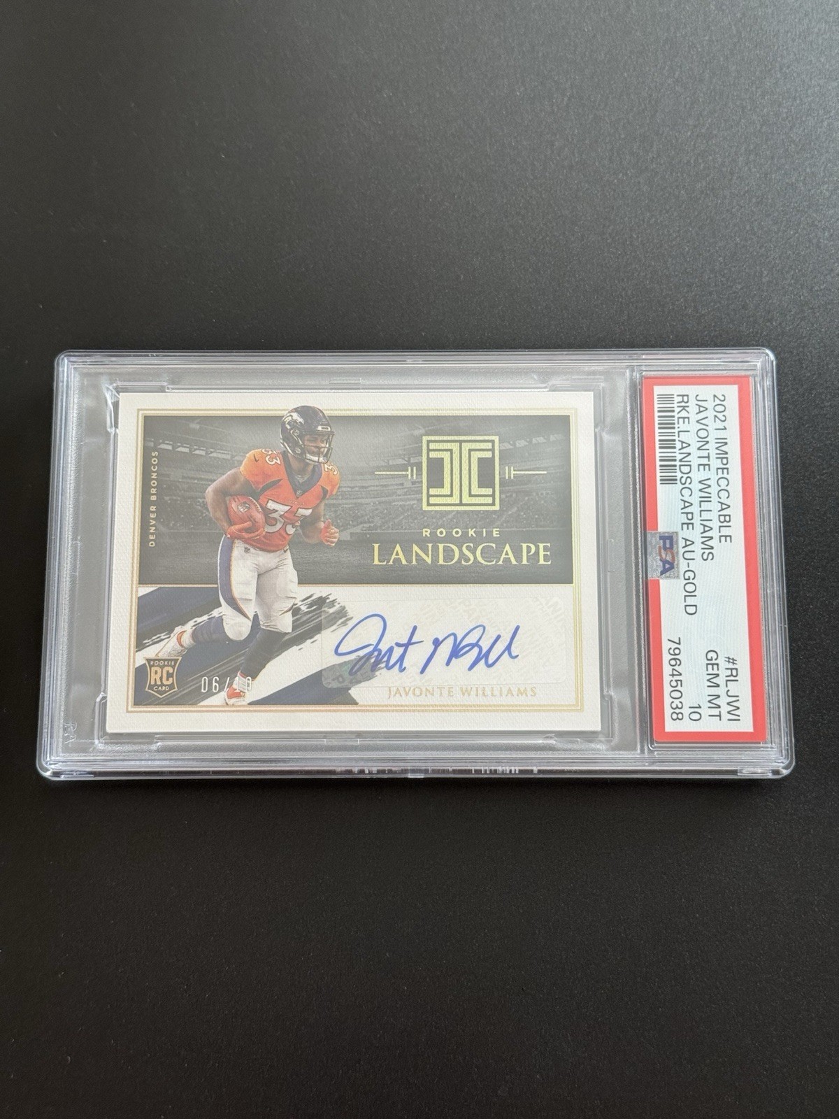 Javonte Williams Panini Impeccable Rookie Landscape Autographs #RLJWI Gold