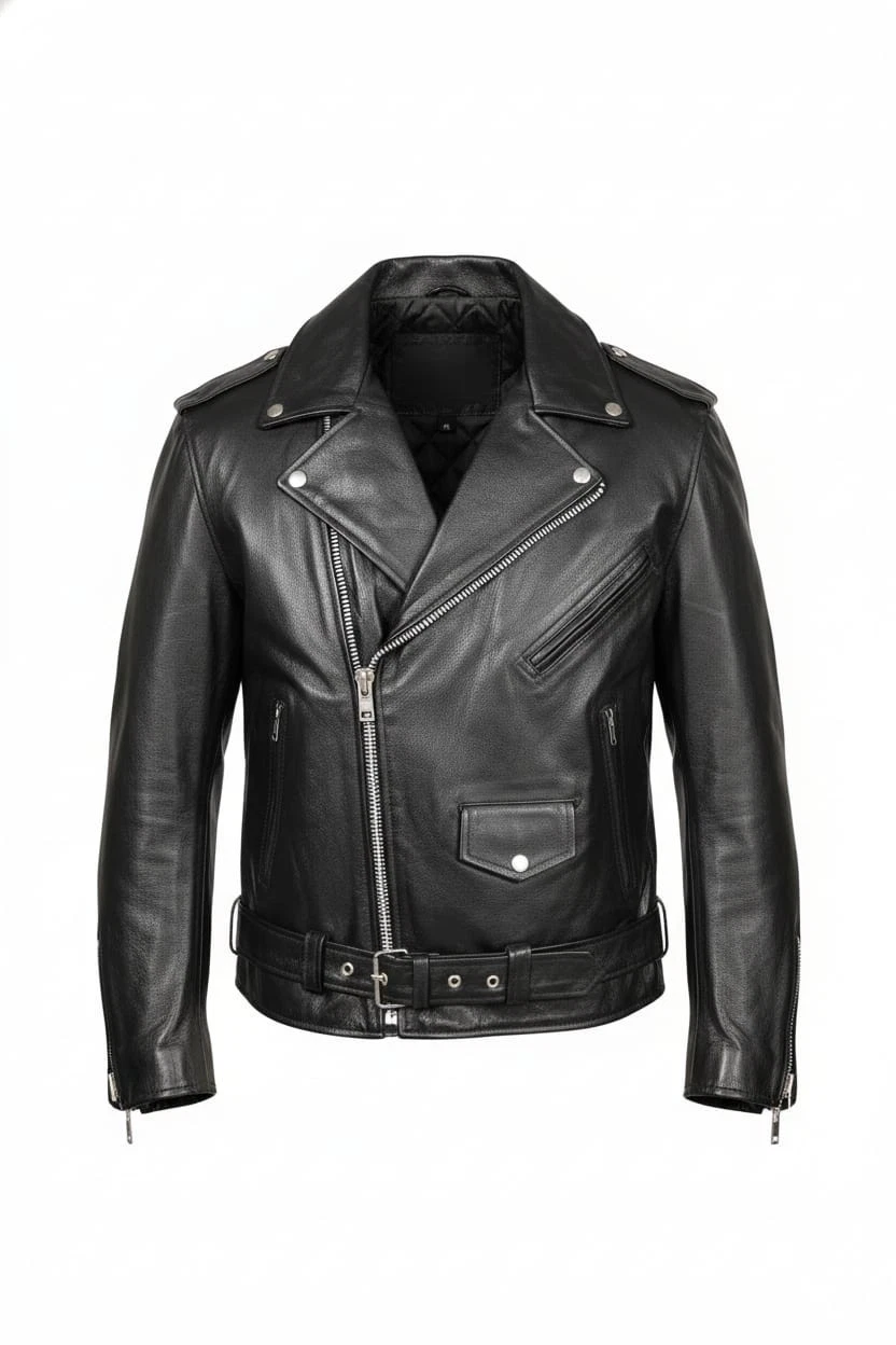 Buffalo Leather Motorcycle Jacket – Men's Black Biker Coat - product detail image 1