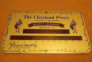 Vintage Carrier of the Month Merit Award The Cleveland Press Newspaper