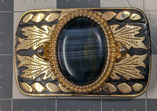 Vintage Blue Tiger Eye Hawk's Eye Stone Gold Tone Western Belt Buckle