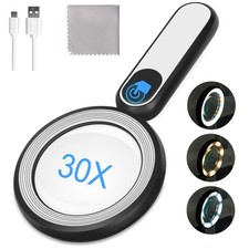 Rechargeable Magnifying Glass with Light, 30X 4.7IN Handheld Black+white
