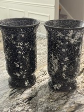 Set of 2 Black/Silver Crackle Glass Hurricane Holders Cylinder w/ Pillar Candles