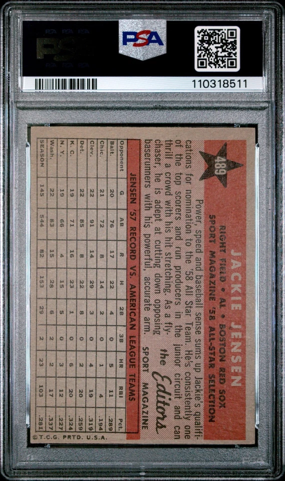1958 TOPPS #489 JACKIE JENSEN ALL STAR PSA EX 5 - Image 2 of 2