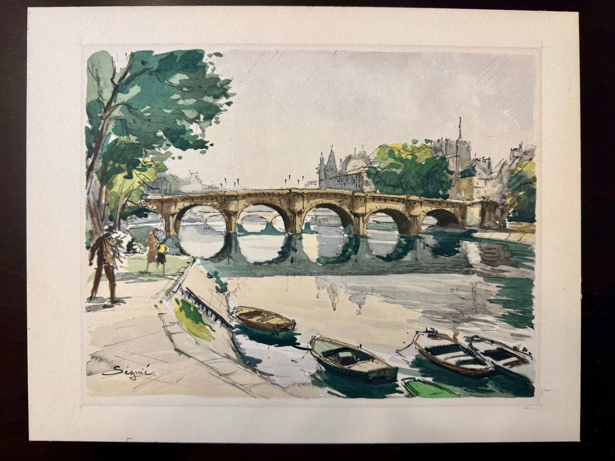 Vintage Mid Century Watercolor Painting Pont Neuf Paris 1960s
