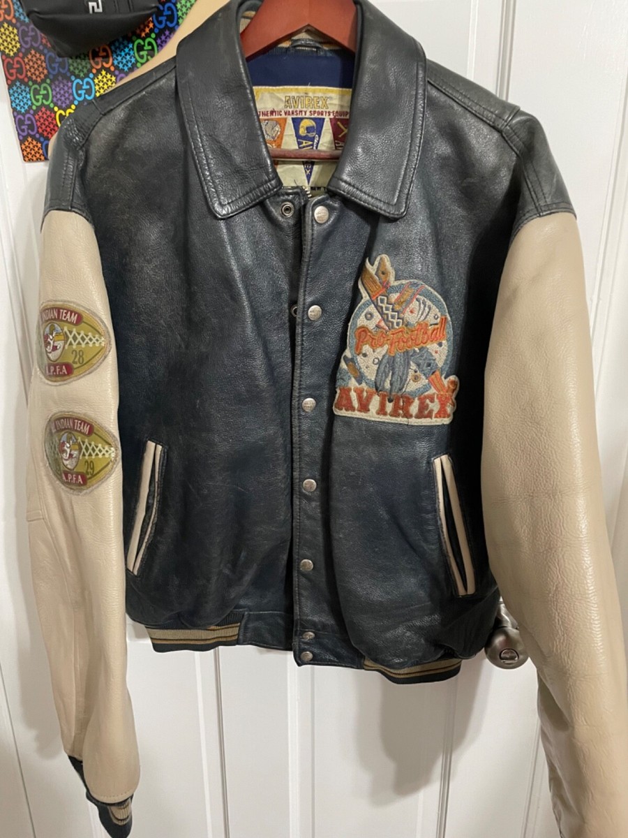 AVIREX BLUE/BEIGE LEATHER OORANG INDIANS FOOTBALL VARSITY JACKET