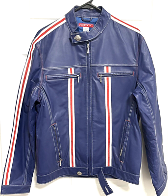 P.O.V. Men Zip Motorcycle Leather Jacket Navy Blue Red White
