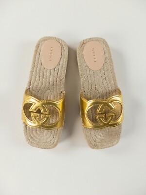 GUCCI interlocking double G logo cutout gold leather espadrille slide sandals 37