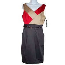 Tahari Levine Sleeveless Sheath Dress 10 Black Red Brown Belted Career Business