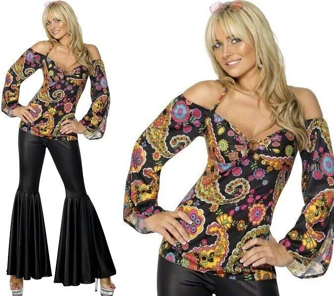 Pantalón Disco Estilo Años 70 2 Piezas Negro/Multi Campana Parte Inferior Pantalones y Estampado Top Disfraz Foto 2 de 4