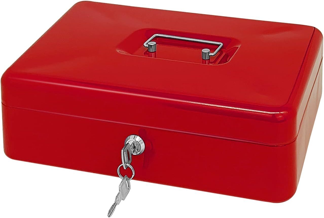 Steel Cash Box with Key Lock Red Metal Money Storage 11.8x9.4x3.5 Inches