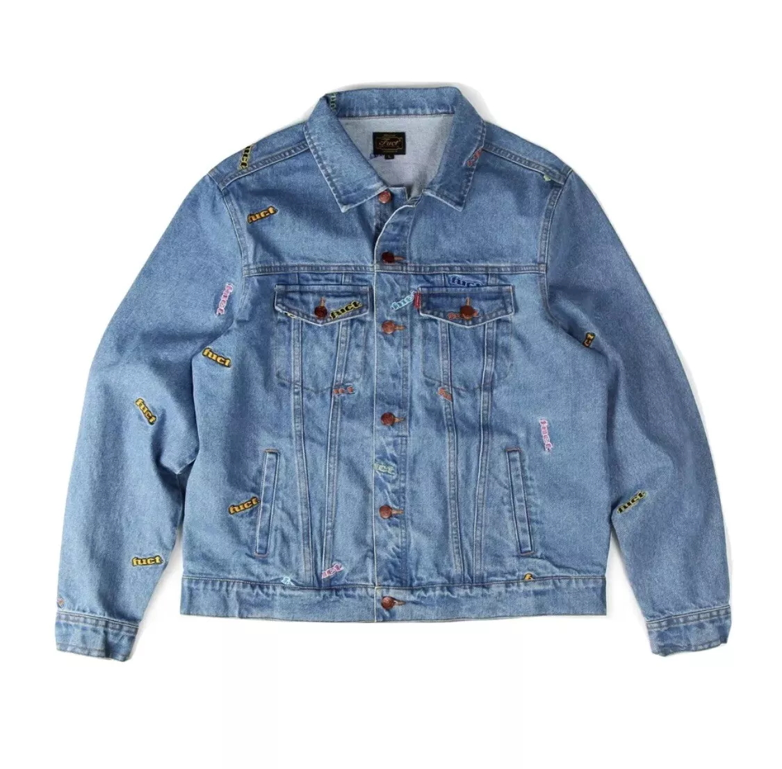 FUCT DENIM TRUCKER JACKET COAT EMBROIDERED STADIUM JACKET ALL OVER