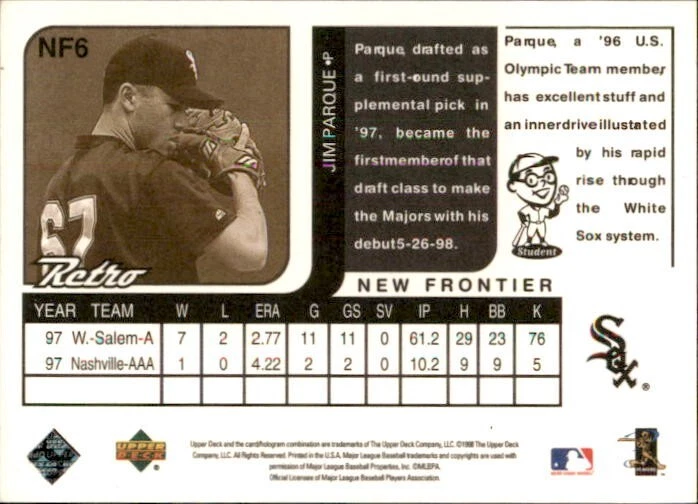 Jim Parque 1998 Upper Deck Retro New Frontier Rookie #NF6 /1000 White Sox SP RC - Image 2 of 2
