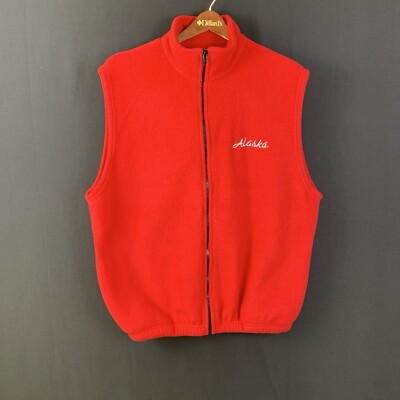 Vtg Alaska Arctic Gifts Fleece Full Zip Vest Mens Large Red Pockets Embroidered