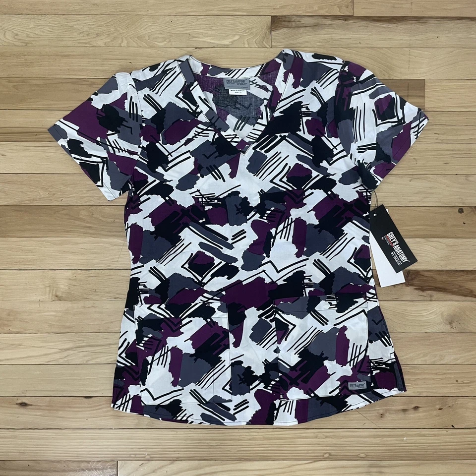 Greys Anatomy Scrub Top Womens Abstract Geometric Purple Gray White Size SMALL - Image 2 of 4