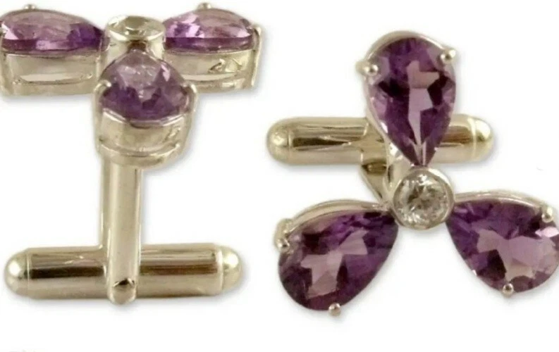 Gemelos trébol Novica de plata esterlina .925 amatista natural circonita cúbica diamante Foto 2 de 4