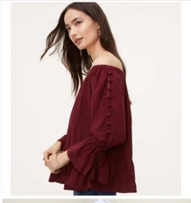 Loft Burgundy Red Off Shoulder Button Bell Sleeve Blouse Size XS