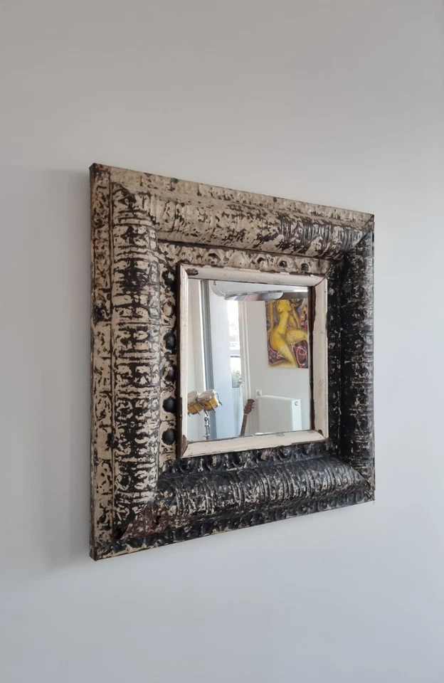 Miroir vintage rétro en bois et métal avec moulures forme carrée dimensions 60cm - Photo 3/4