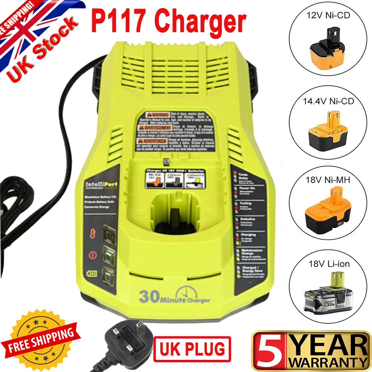 UK Fast Charger For Ryobi One+ Plus P108 Li-ion Battery P117 P105 P102 12V/ 18V