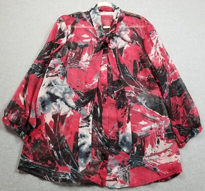 Swak Tunic Top Women 2X Plus Abstract Long Sleeve Neck Tie Button Up Shirt Sheer