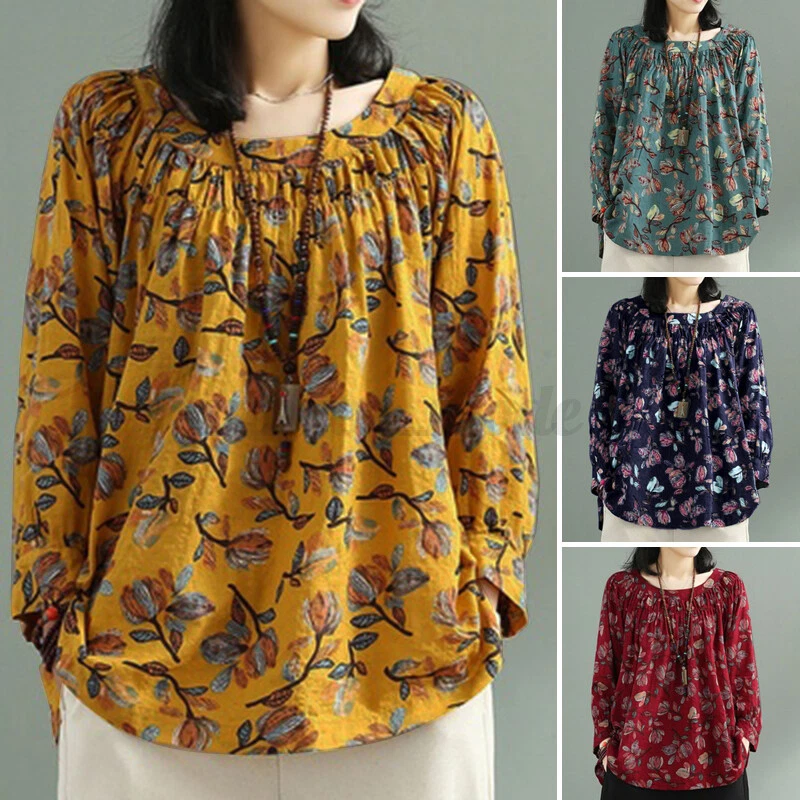 UK Women Floral Printed Long Sleeve Tops Pullover Casual Loose Shirt Blouse Plus