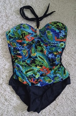 SWIM by Chuck Handy One Piece Swimsuit Plus Size 18 Halter Blue Floral Slimming