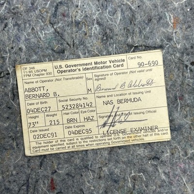 Vintage 90s U.S. Government Motor Vehicle Operator ID Card NAS Bermuda 1991