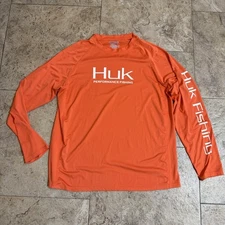 Huk Shirt Mens Large Orange Performance Fishing Long Sleeve Tech Crewneck