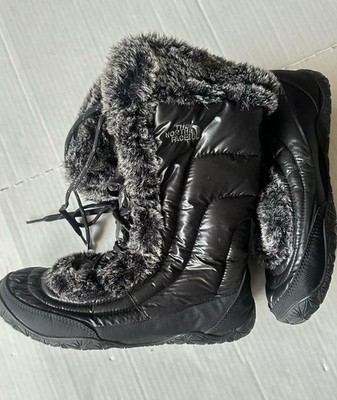 The North Face Women s Nuptse Goose Down Faux Fur Puffer Boots Black Size8