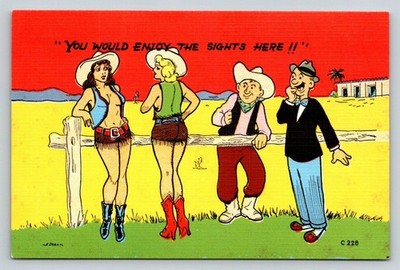 Vintage Linen Postcard Risqué Cowgirls & Men ''You Would Enjoy The Sights Here''