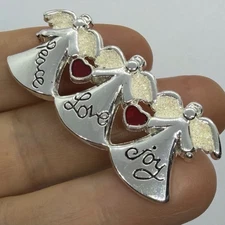 Vtg Christmas Angels Peace Love Joy Script Enamel Brooch Silvertone Red Hearts