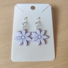 Purple and White Flower Dangle Drop Earrings Handmade Jewellery Gift Idea New UK