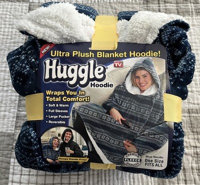 Ontel Huggle Hoodie Plush Hooded Robe Fleece Pullover Blanket Blue Nordic New