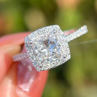 3.30CTW Princess Cut VVS1 Moissanite Halo Engagement Ring 14K White Gold Plated