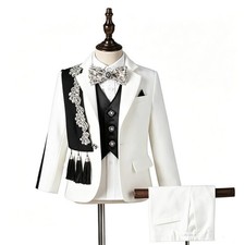 Boys 5 Piece White Suit Tassel Sash Rhinestone Bow Wedding Pageant Formal Outfit