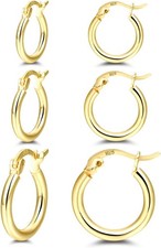 14K Gold Plated Hoop Earrings for Women, 4 Pairs Sterling Silver Post Small Hoop