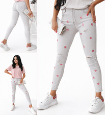 NEU Damen Jeans 40 L Glitzer Herz Print Skinny Destroyed Risse Grau Stretch Slim
