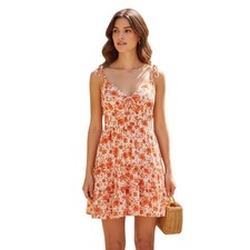 Midnight Doll Textured Floral Print Tie spaghetti Strap V-Neck Tiered Dress L