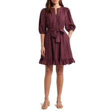 Caslon Pintuck Dress XS Tie Waist Burgundy Geometric Puff Sleeve Ruffle Hem