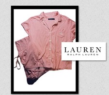 Lauren Ralph Lauren XL Monogram Striped Jersey Notched Collared Pink Pj Set