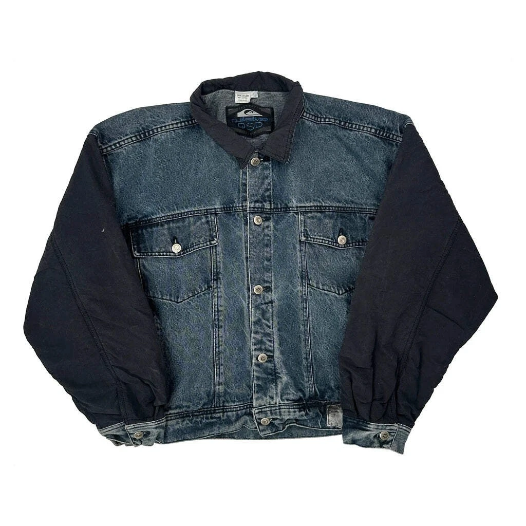 90S Made In USA Saltwater Quiksilver Graphic Denim Jacket - Large Blue Cotton