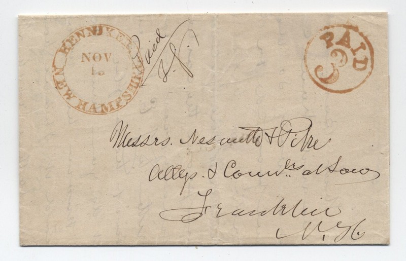 1851 henniker NH red double CDS stampless large paid 3 in circle rate [k.1389]